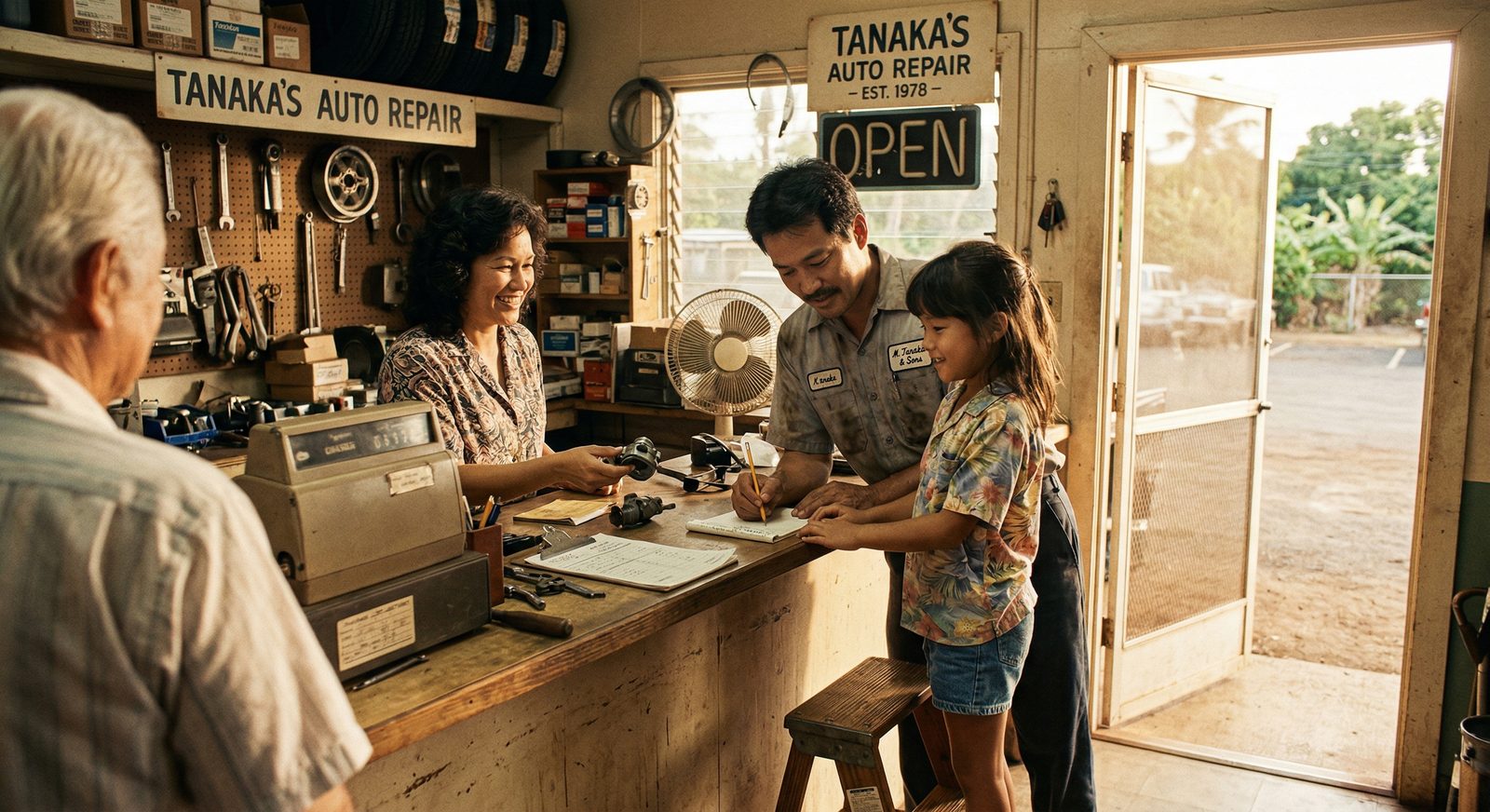 Young Leanne at her family's auto repair shop in Honolulu, learning the business alongside her parents
