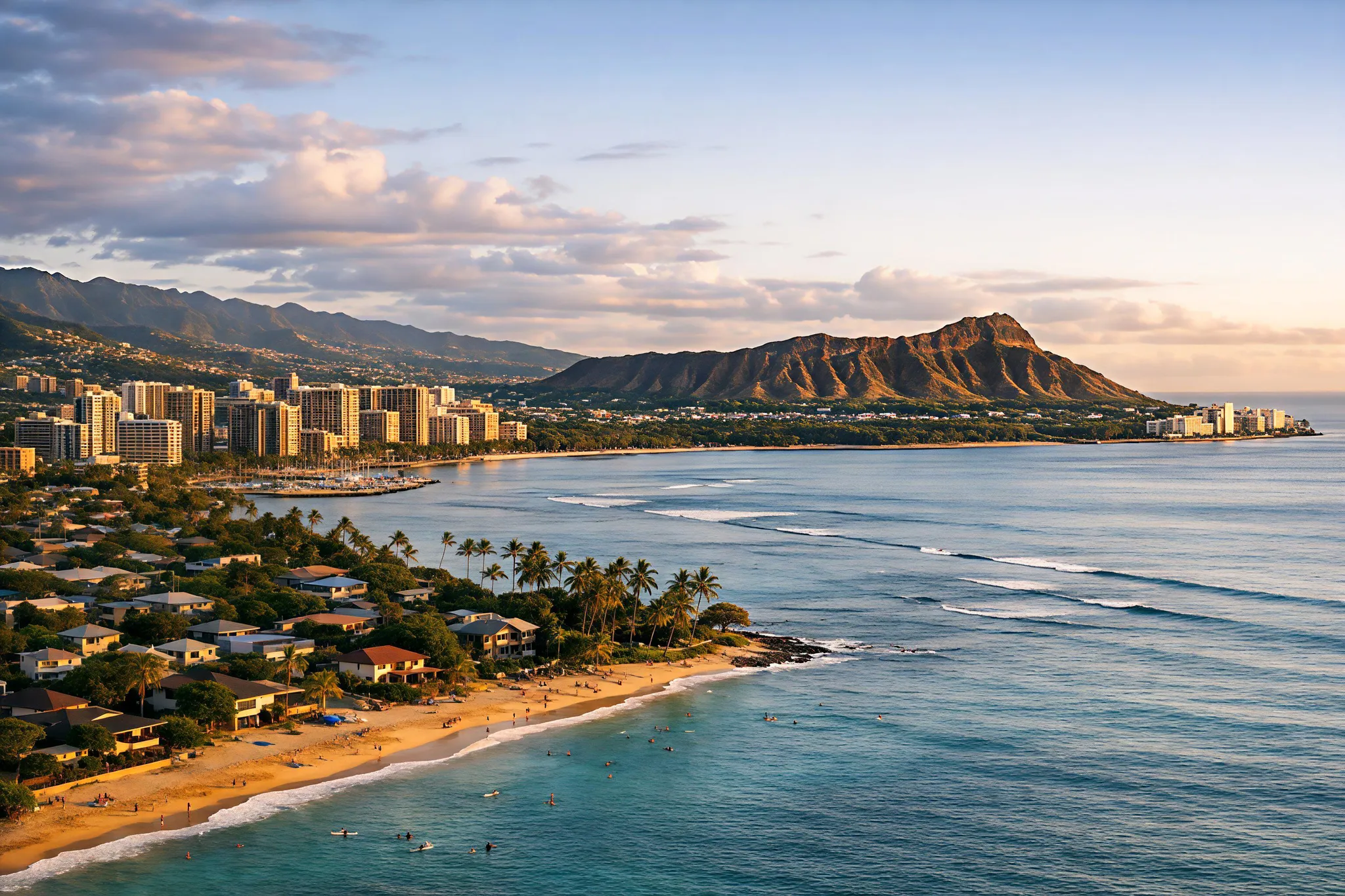 Aerial view of Waikiki and Diamond Head at golden hour