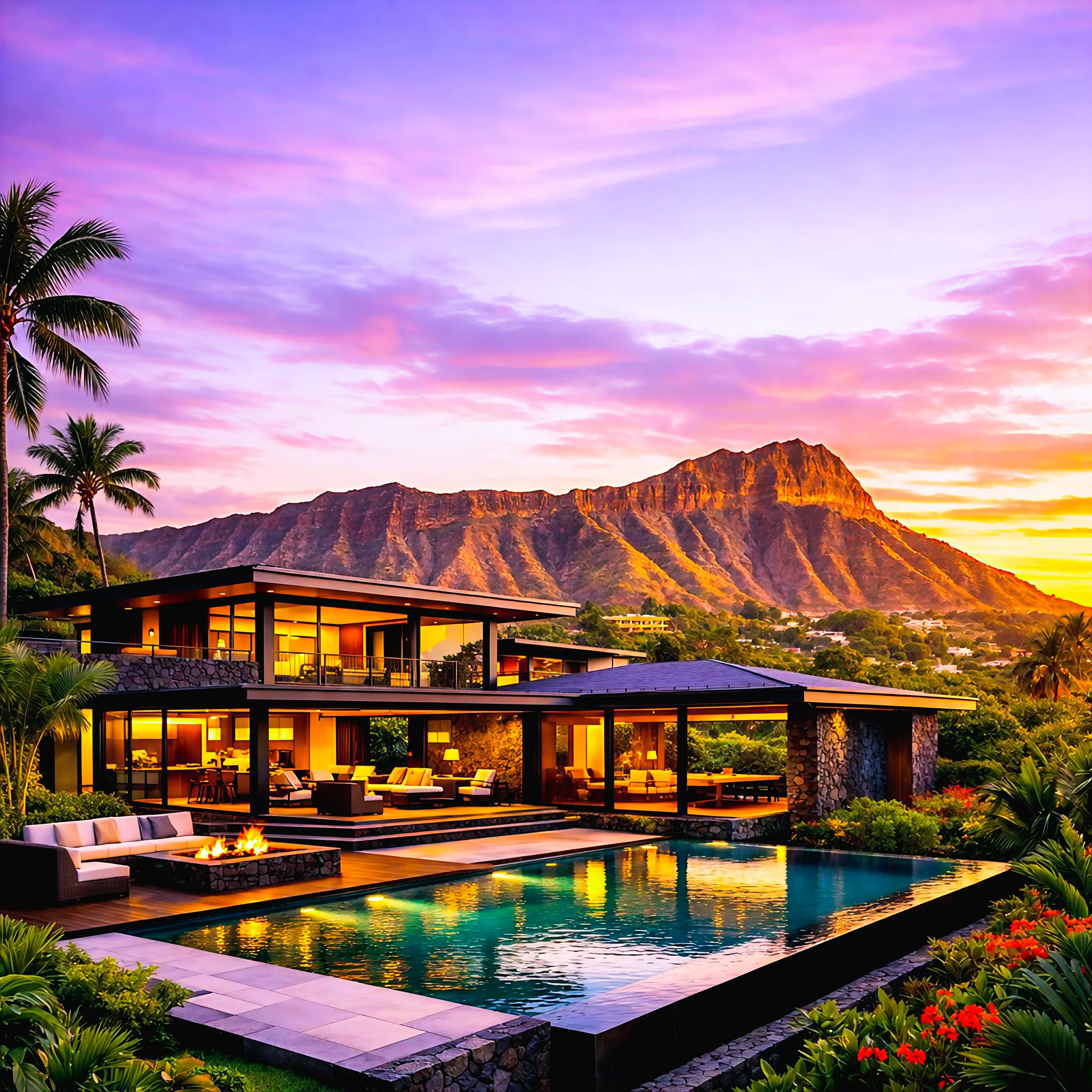 Luxury Hawaiian home with Diamond Head at sunset
