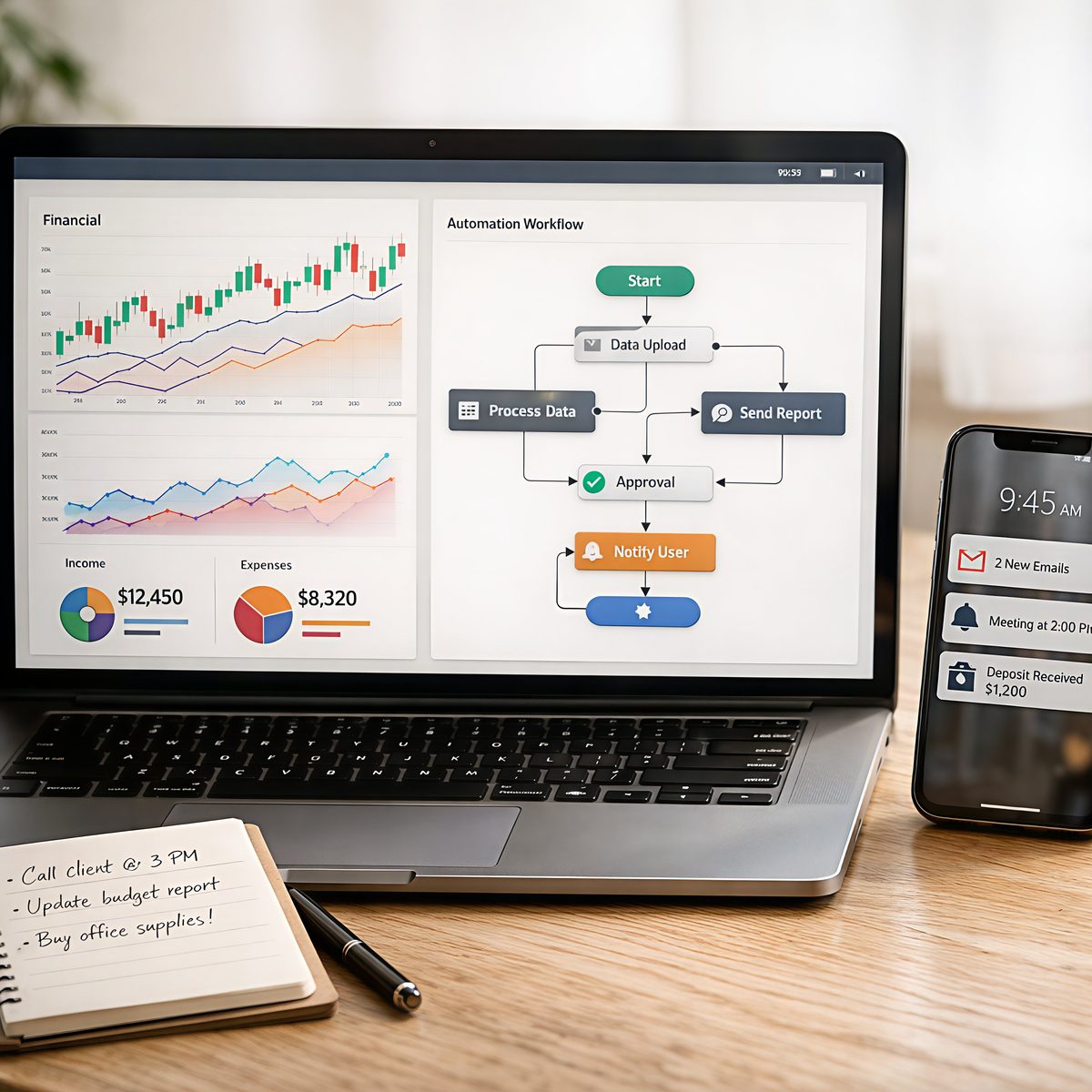Tablet showing financial automation dashboard