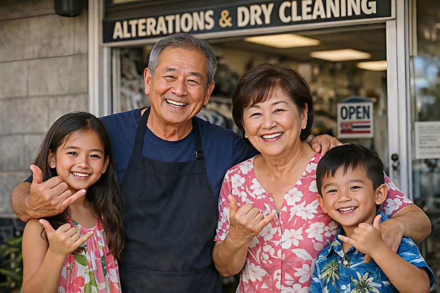 The Nakamura family at their dry cleaning shop